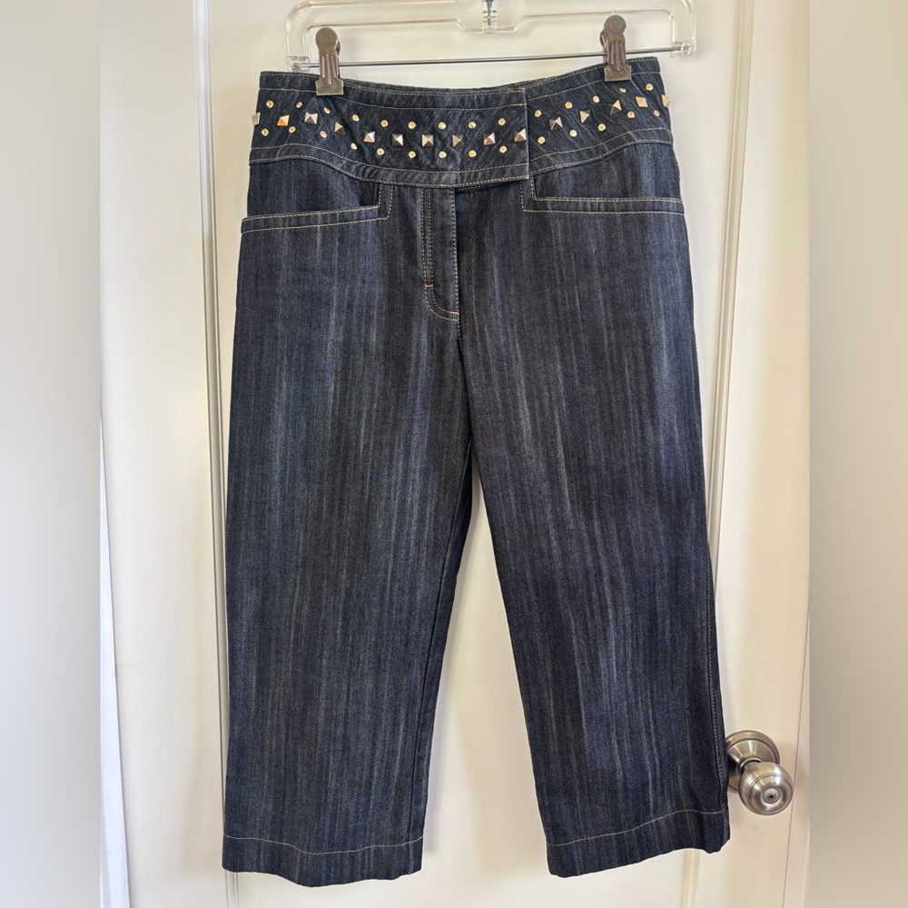 Escada Visible Stitch Dark Blue Straight Leg Cropped trousers 36 US 6 embellish
